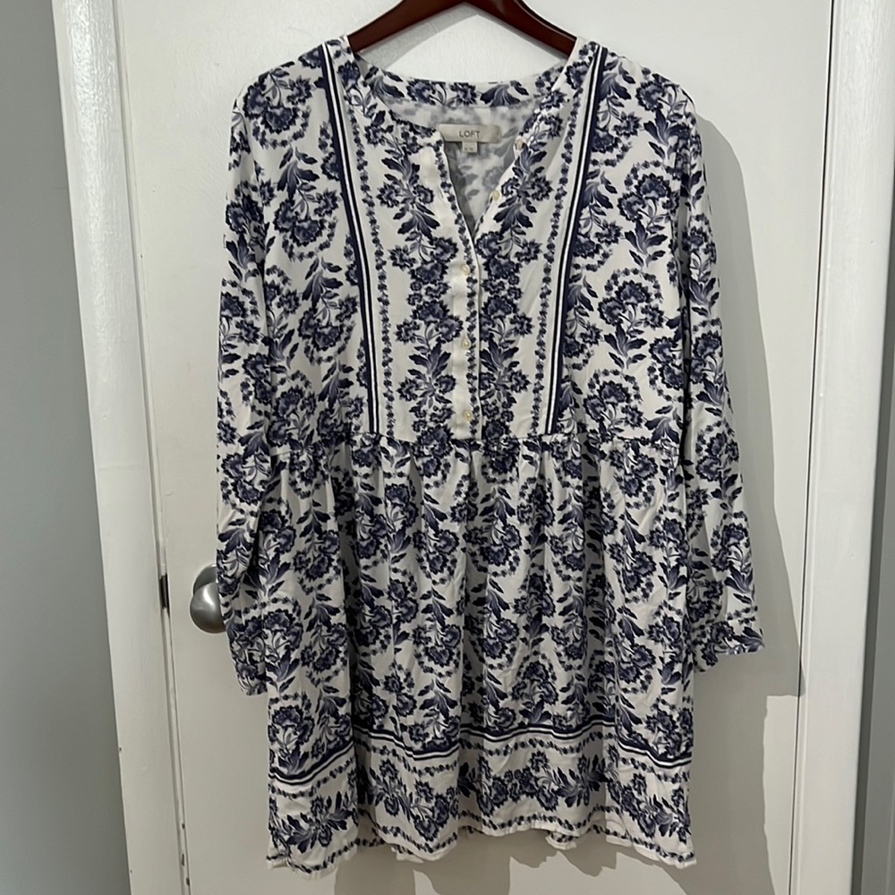 Only worn once! - Loft - Drop waist dress in gorgeous blue print.